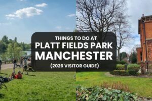 Platt Fields Park Manchester with boating lake walking paths and historic green spaces near Manchester city centre