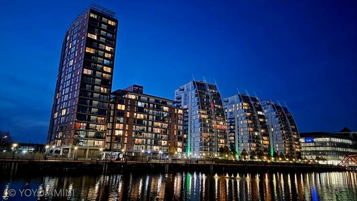 Salford Quays Manchester waterfront with The Lowry building and Manchester Ship Canal panoramic views