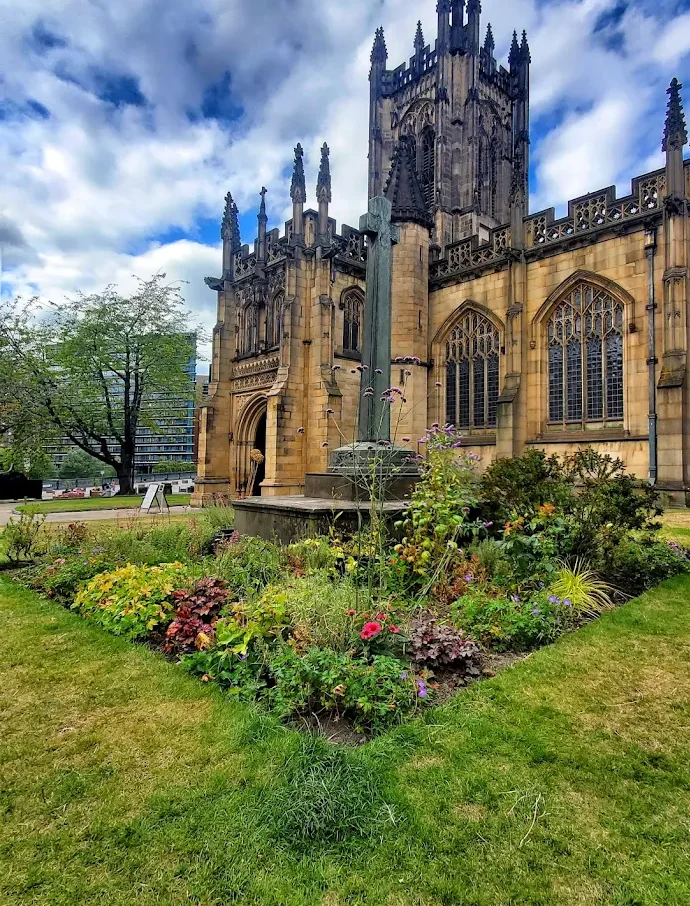 Manchester Cathedral Gothic exterior on Victoria Street in Manchester city centre Medieval Quarter