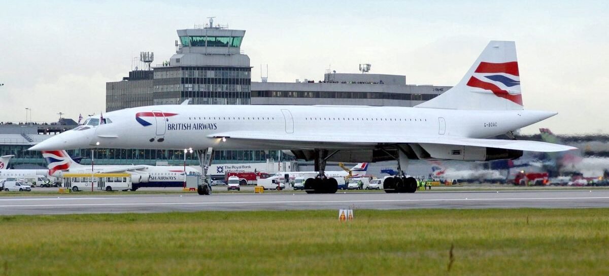 Concorde G-BOAC supersonic airliner on display at the Runway Visitor Park Manchester Airport